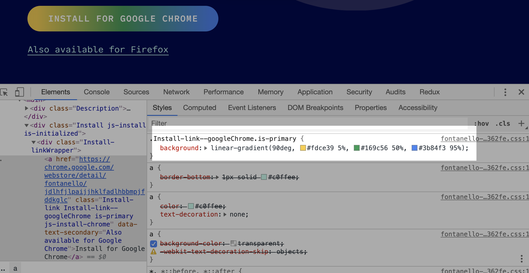 Kolory gradientu wyświetlone przy pomocy Narzędzi dla deweloperów